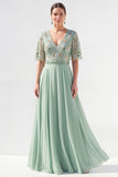 Green A-Line Chiffon V-Neck Long Mother of the Bride Dress with Beading