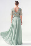 Green A-Line Chiffon V-Neck Long Mother of the Bride Dress with Beading