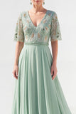 Green A-Line Chiffon V-Neck Long Mother of the Bride Dress with Beading