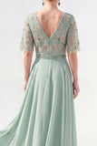 Green A-Line Chiffon V-Neck Long Mother of the Bride Dress with Beading