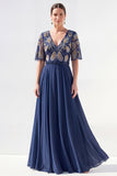 Green A-Line Chiffon V-Neck Long Mother of the Bride Dress with Beading