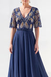 Green A-Line Chiffon V-Neck Long Mother of the Bride Dress with Beading