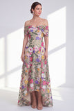 Off the Shoulder Floral A-Line Light Khaki High Low Mother Of the Bride Dress