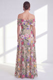Off the Shoulder Floral A-Line Light Khaki High Low Mother Of the Bride Dress