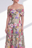 Off the Shoulder Floral A-Line Light Khaki High Low Mother Of the Bride Dress