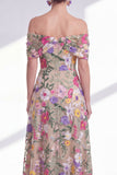 Off the Shoulder Floral A-Line Light Khaki High Low Mother Of the Bride Dress