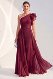 One Shoulder Navy A-Line Pleated Long Mother of the Bride Dress with Ruffles