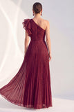 One Shoulder Navy A-Line Pleated Long Mother of the Bride Dress with Ruffles