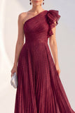 One Shoulder Navy A-Line Pleated Long Mother of the Bride Dress with Ruffles