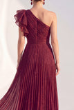 One Shoulder Navy A-Line Pleated Long Mother of the Bride Dress with Ruffles