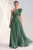 One Shoulder Navy A-Line Pleated Long Mother of the Bride Dress with Ruffles