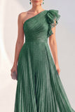 One Shoulder Navy A-Line Pleated Long Mother of the Bride Dress with Ruffles