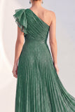 One Shoulder Navy A-Line Pleated Long Mother of the Bride Dress with Ruffles