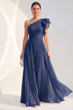 One Shoulder Navy A-Line Pleated Long Mother of the Bride Dress with Ruffles