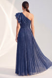 One Shoulder Navy A-Line Pleated Long Mother of the Bride Dress with Ruffles