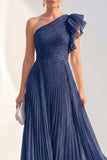 One Shoulder Navy A-Line Pleated Long Mother of the Bride Dress with Ruffles