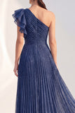 One Shoulder Navy A-Line Pleated Long Mother of the Bride Dress with Ruffles