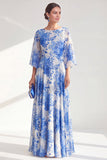 Red A-Line Chiffon Floral Long Mother Of the Bride Dress with 3/4 Sleeves
