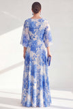 Red A-Line Chiffon Floral Long Mother Of the Bride Dress with 3/4 Sleeves