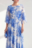 Red A-Line Chiffon Floral Long Mother Of the Bride Dress with 3/4 Sleeves