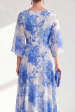 Red A-Line Chiffon Floral Long Mother Of the Bride Dress with 3/4 Sleeves
