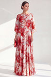 Red A-Line Chiffon Floral Long Mother Of the Bride Dress with 3/4 Sleeves