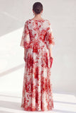 Red A-Line Chiffon Floral Long Mother Of the Bride Dress with 3/4 Sleeves