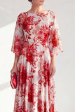 Red A-Line Chiffon Floral Long Mother Of the Bride Dress with 3/4 Sleeves