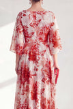 Red A-Line Chiffon Floral Long Mother Of the Bride Dress with 3/4 Sleeves