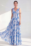 Blue A-Line V-Neck Floral Chiffon Long Mother Of the Bride Dress