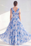 Blue A-Line V-Neck Floral Chiffon Long Mother Of the Bride Dress