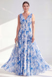 Blue A-Line V-Neck Floral Chiffon Long Mother Of the Bride Dress