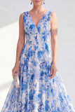 Blue A-Line V-Neck Floral Chiffon Long Mother Of the Bride Dress