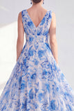 Blue A-Line V-Neck Floral Chiffon Long Mother Of the Bride Dress