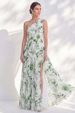 One Shoulder Green A-Line Chiffon Floral Long Mother Of the Bride Dress with Slit