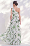 One Shoulder Green A-Line Chiffon Floral Long Mother Of the Bride Dress with Slit