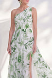 One Shoulder Green A-Line Chiffon Floral Long Mother Of the Bride Dress with Slit