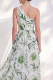 One Shoulder Green A-Line Chiffon Floral Long Mother Of the Bride Dress with Slit