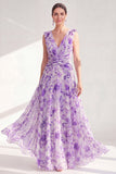 Purple Floral A-Line Chiffon V-Neck Ruched Long Mother Of the Bride Dress