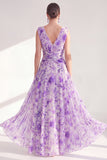 Purple Floral A-Line Chiffon V-Neck Ruched Long Mother Of the Bride Dress