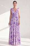Purple Floral A-Line Chiffon V-Neck Ruched Long Mother Of the Bride Dress