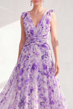 Purple Floral A-Line Chiffon V-Neck Ruched Long Mother Of the Bride Dress