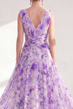 Purple Floral A-Line Chiffon V-Neck Ruched Long Mother Of the Bride Dress