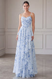 Blue A-Line Chiffon Floral Ruffled Long Mother Of the Bride Dress