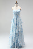 Blue A-Line Chiffon Floral Ruffled Long Mother Of the Bride Dress