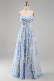 Blue A-Line Chiffon Floral Ruffled Long Mother Of the Bride Dress