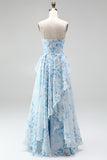 Blue A-Line Chiffon Floral Ruffled Long Mother Of the Bride Dress