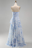 Blue A-Line Chiffon Floral Ruffled Long Mother Of the Bride Dress