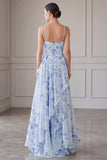 Blue A-Line Chiffon Floral Ruffled Long Mother Of the Bride Dress