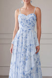 Blue A-Line Chiffon Floral Ruffled Long Mother Of the Bride Dress